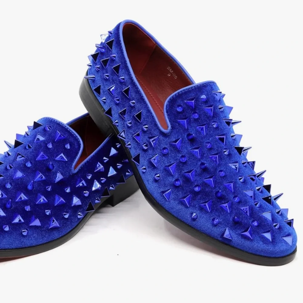 New MetroCharm Men’s Blue Velvet Spike Loafers Dress Tuxedo Shoes Size 10.5